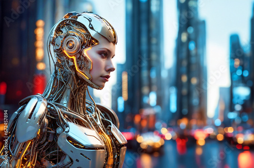 A futuristic, hybrid 'man - machine' woman with shimmering metallic features enveloped in the neon lights of the city.