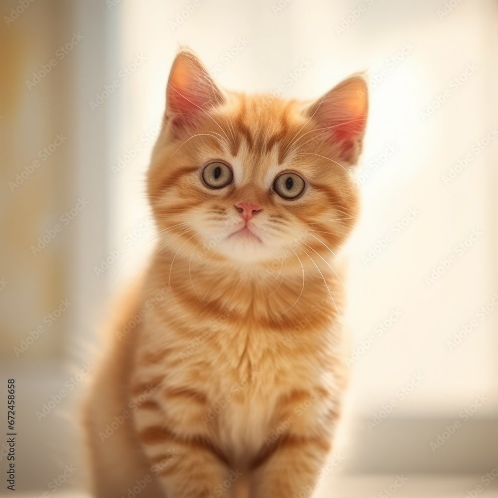 Portrait of a red British Shorthair kitten sitting in a light room beside a window. Beautiful cute British Shorthair kitty at home. Portrait of a little cat with fluffy fur looking at the camera. Portrait of a red British Shorthair kitten sitting in a light room beside a window. Beautiful cute British Shorthair kitty at home. Portrait of a little cat with fluffy fur looking at the camera.