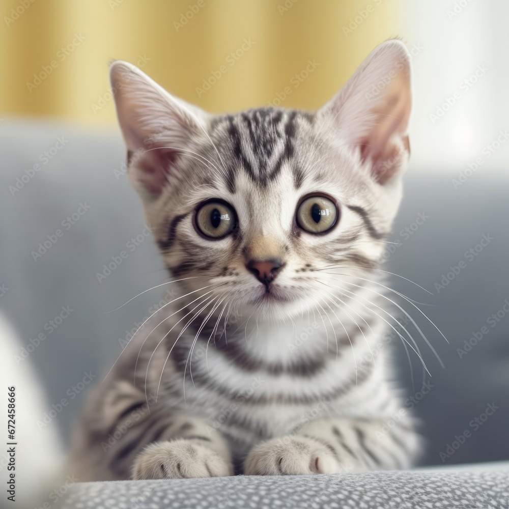 Portrait of a silver Egyptian Mau kitten looking to the side. Closeup face of a cute Egyptian Mau kitty at home. Portrait of a little striped cat with sleek fur sitting in a light room beside a window
