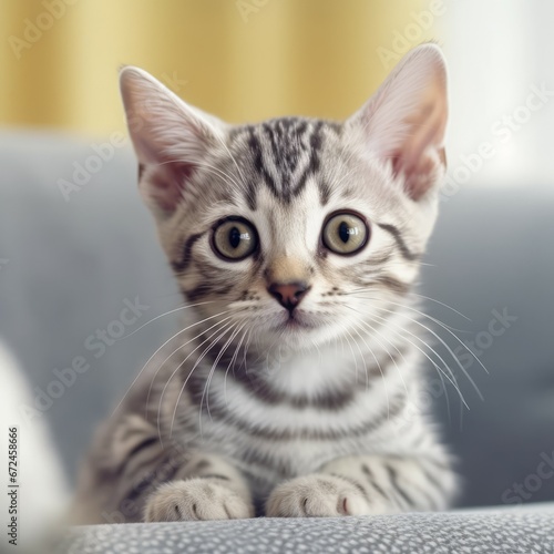 Portrait of a silver Egyptian Mau kitten looking to the side. Closeup face of a cute Egyptian Mau kitty at home. Portrait of a little striped cat with sleek fur sitting in a light room beside a window © Valua Vitaly