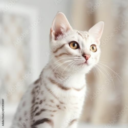 Portrait of a white Bengal kitten sitting in a light room beside a window. Portrait of a cute little Bengal kitty at home. Portrait of a young Bengal cat with sleek fur looking to the side.
