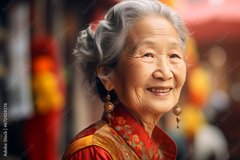 Smiling elderly Asian woman. Old person. AI.