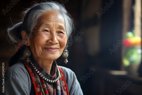 Smiling elderly Asian woman. Old person. AI.
