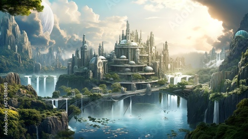 Fantasy city with waterfalls. Generation AI