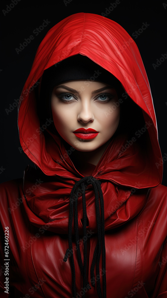 Portrait of a beautiful female fashion model. Girl with a red rain jacket and red lips Portrait of a beautiful female fashion model. Girl with a red rain jacket and red lips