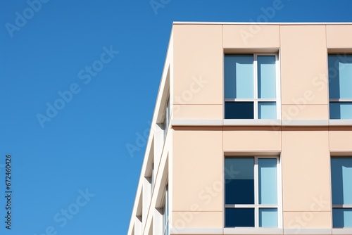 facade of a modern building with blue sky in the background. Modern architecture concept. Generative AI