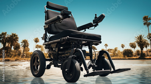 Electric wheelchair with palm trees and a blue sky in the background, disability in the summer