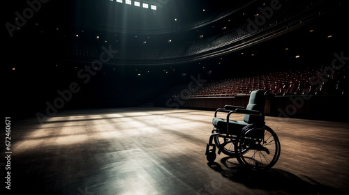 Empty wheelchair on stage in an empty theater, wooden floor, spotlight, disability awareness