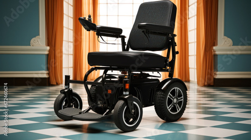 Electric wheelchair on a blue checkered floor in front of a window with orange curtains