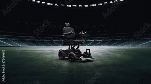 Empty power chair in the middle of an empty football stadium at night, disability awareness in sports