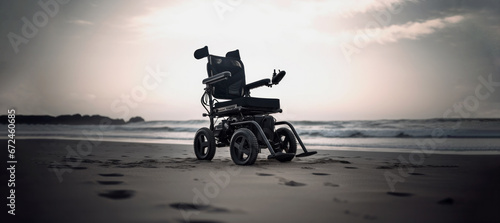 Electronic wheelchair in the sand on the beach in front of the ocean waves, moody atmosphere – free space for text