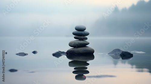 Zen Stones in Misty Nature  Serene Dawn with Balanced Stone Towers