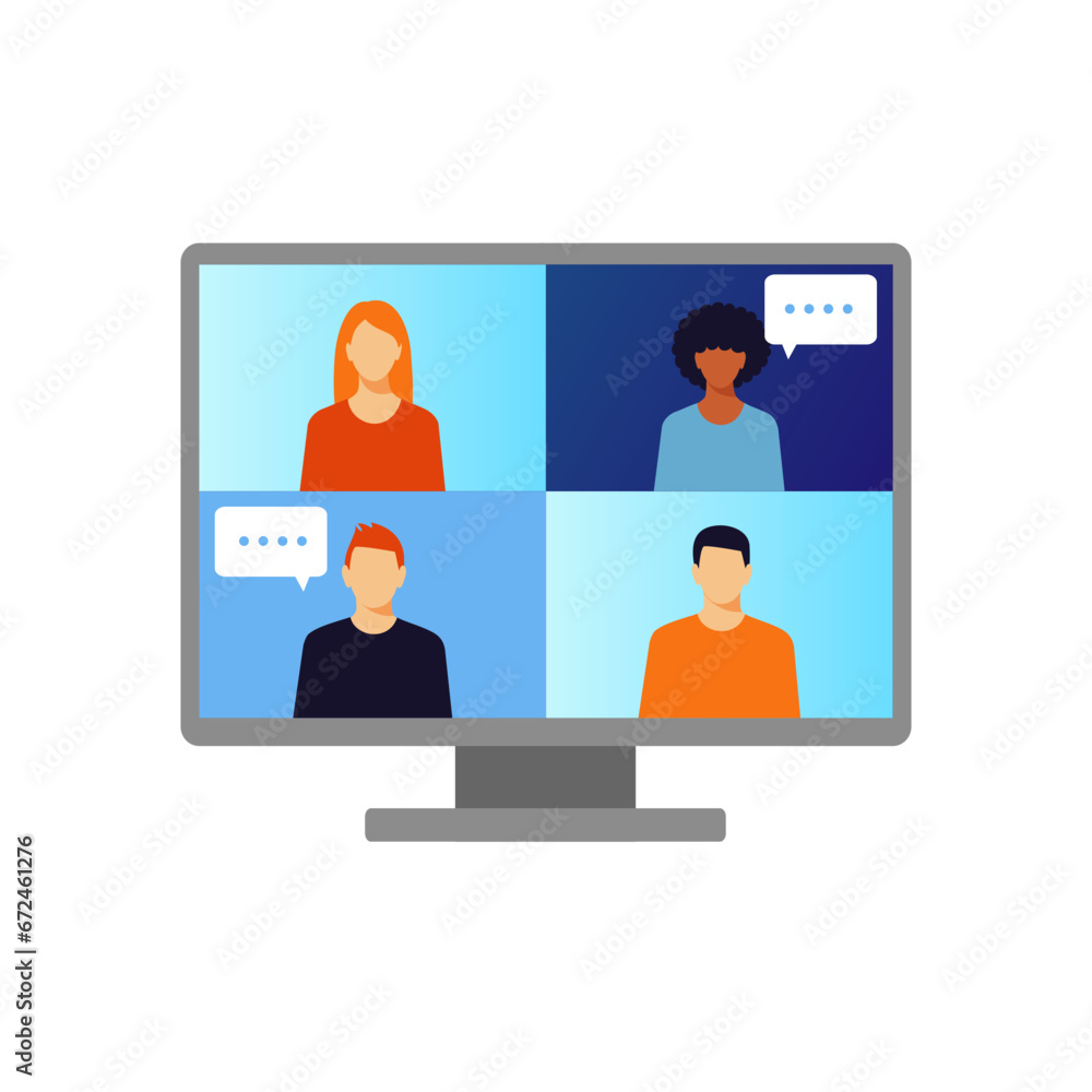 Online meeting. People communicate with each other by video connection