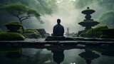 Misty Solace: Man Meditating in a Foggy Ancient Temple Garden