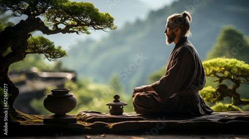 Ascended Calm  Man Meditating in a High-Altitude Serene Ambience of a Zen Garden Oasis