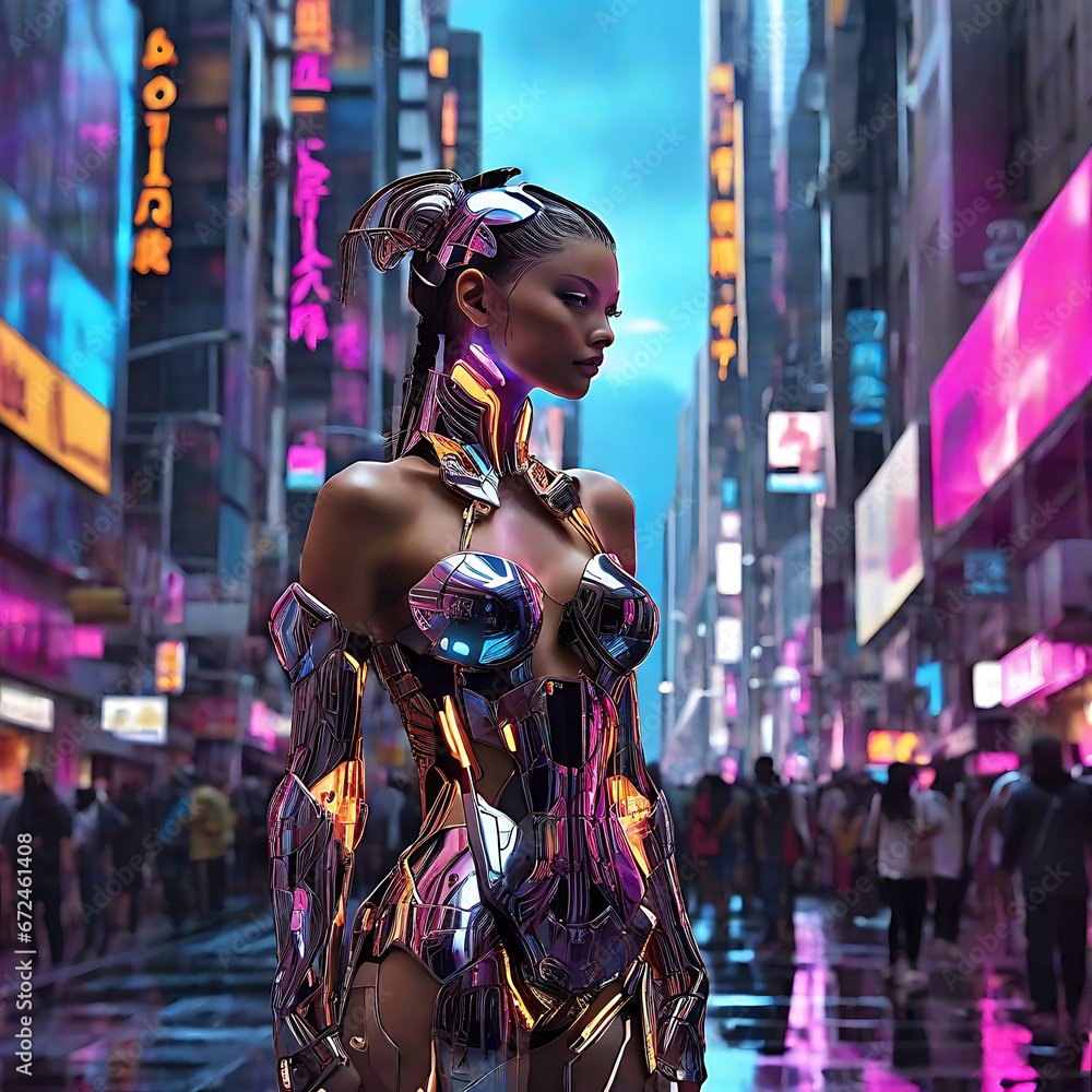 Sexy girl in metallic dress on the street.Generative Ai