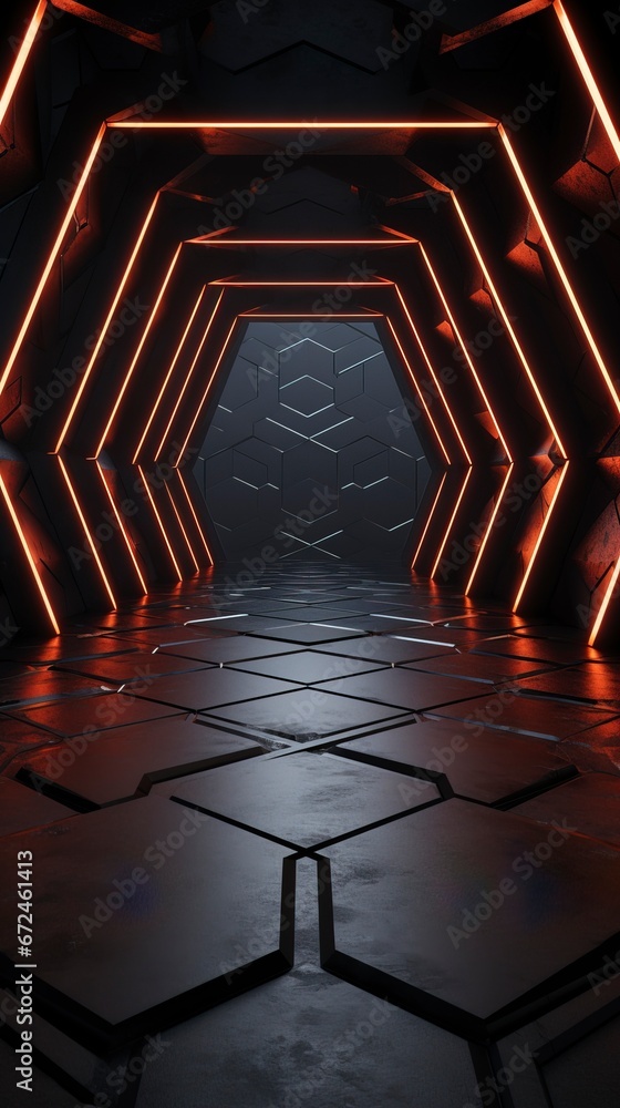 Naklejka premium Dark empty triangular interior, neon, concrete, reflection. Generation AI