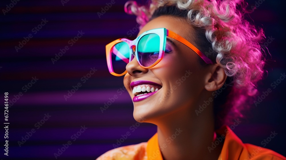 Portrait of a girl in neon glasses, dynamic colors Portrait of a girl in neon glasses, dynamic colors
