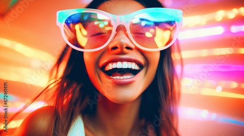 Laughing girl in neon glasses, dynamic background, positive emotions