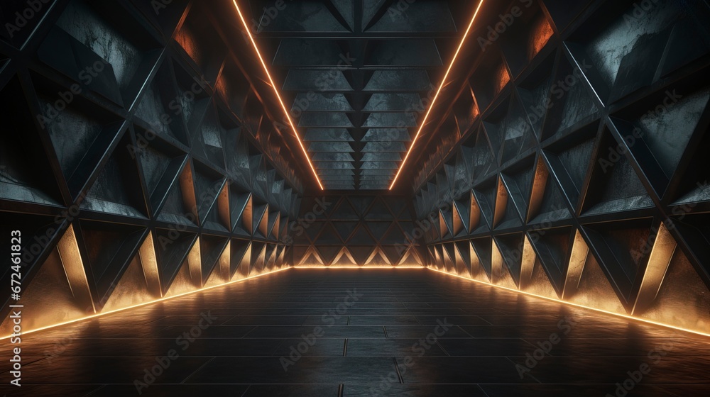 Obraz premium Dark empty concrete interior, neon, reflection. Generation AI