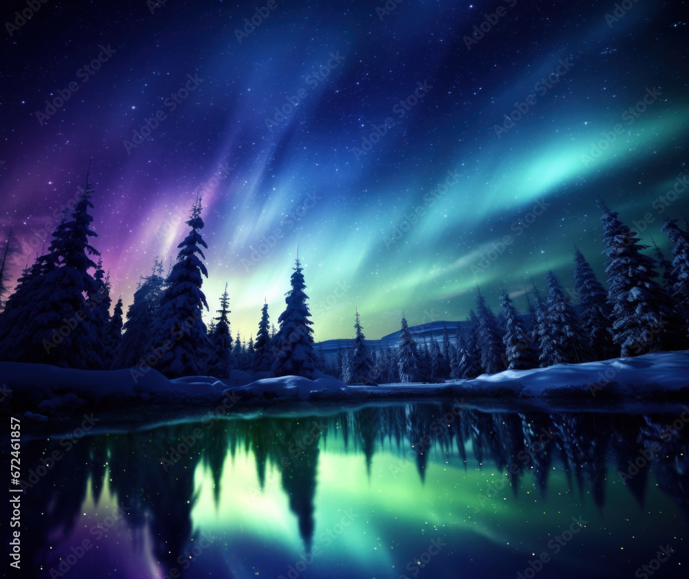 Aurora borealis in sky over winter forest