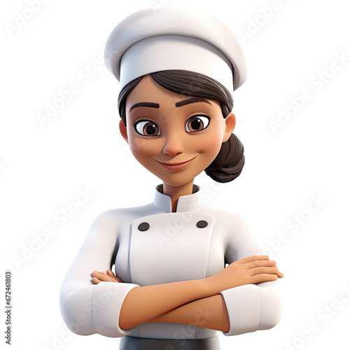 3D cartoon character of a female chef looking at camera on a white or transparent background