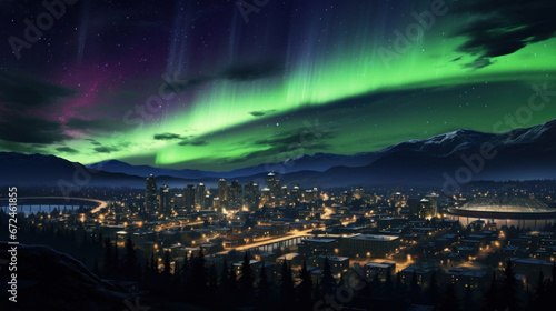 Aurora borealis in sky over town