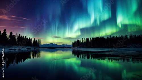 Aurora borealis in sky over winter forest © Kondor83