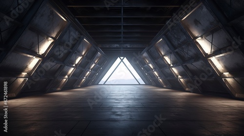 Dark empty concrete interior, neon, reflection. Generation AI