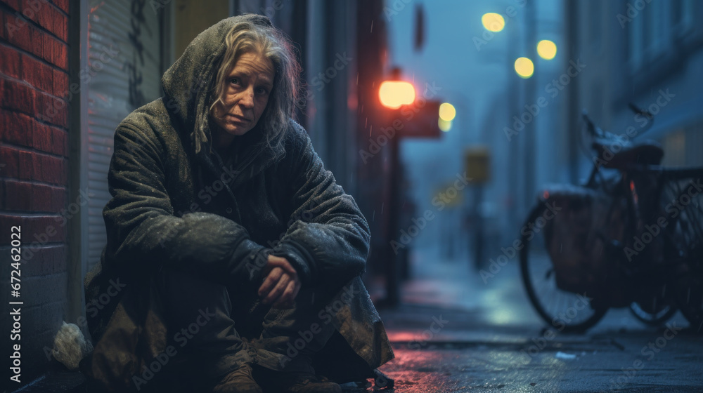 Homeless elderly woman spending cold night in the street