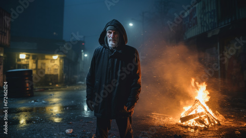 Homeless man standing near bonfire in cold autumn night