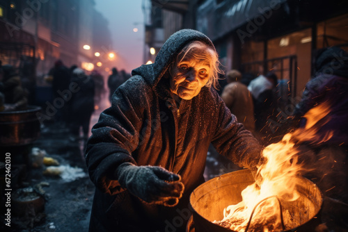 Homeless elderly woman standing near barrel with burning litter at cold night