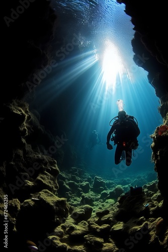 Scuba diving in undersea. Underwater cave diving. © wojciechkic.com