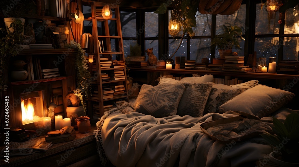 Cozy Retreat: A Cozy Indoor Haven, Inviting Couch, Soft Blankets, and Bookshelf Bathed in Warm Ambient Light