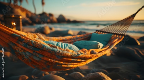 Seaside Retreat: Hammock Swaying by Turquoise Waves and Golden Sands at Sunset