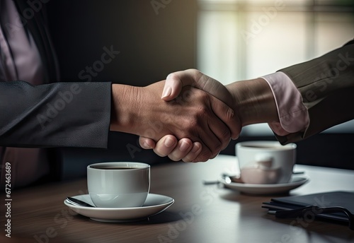 Two people shaking hands in agreement, professional setting, created with AI