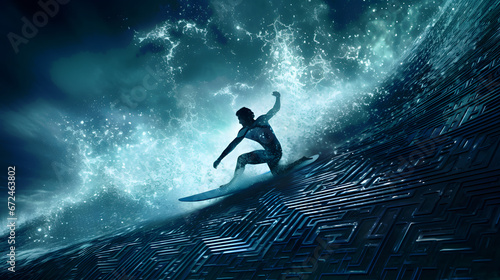 Fearless man surfing on an artificial ocean made of blue geometrical patterns: epic metaphor for human in control of technology