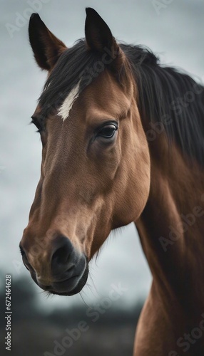 portrait of a strong and muscular racehorse  grey background 