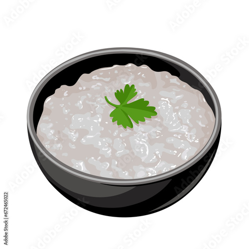 Vector illustration, rice porridge in a bowl, with parsley leaves garnish, isolated on white background.