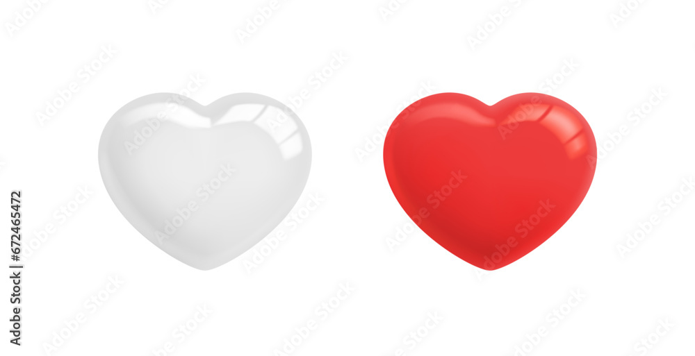 White and Red Hearts. Couple of hearts - Love concept. Realistic glossy 3d hearts. Hearts objects for Valentines Day, March 8, Mothers Day. Icons set. 3D vector graphics