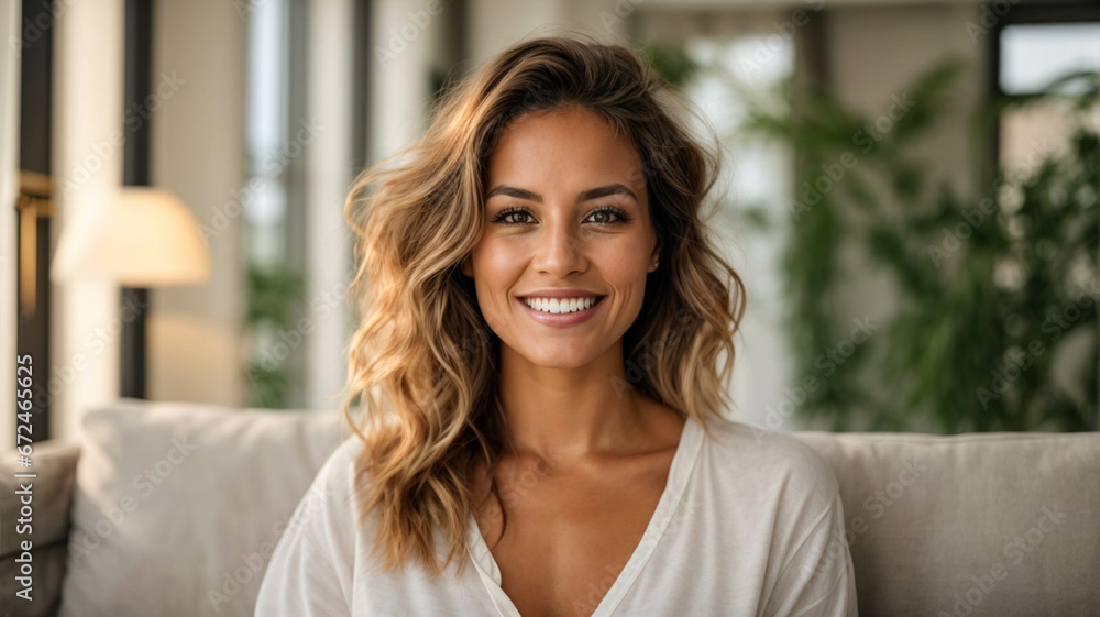 Happy latin woman relaxing on sofa at home, portrait of smiling woman enjoying looking at camera on sofa, hHealthy lifestyle