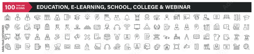Education, e-learning, school, college, and webinar thin line icons. Editable stroke. For website marketing design, logo, app, template, ui, etc. Vector illustration. Education, e-learning, school, college, and webinar thin line icons. Editable stroke. For website marketing design, logo, app, template, ui, etc. Vector illustration.