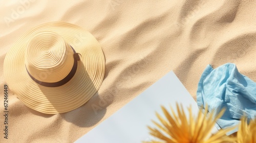 Summer straw hat on beach sand, blank paper for greeting card template