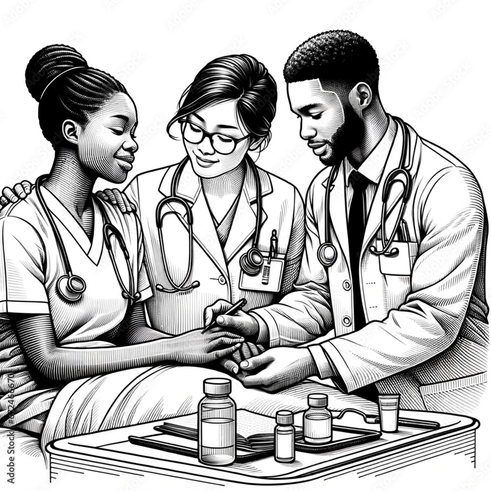 Black and white line art that intricately portrays a scene in a medical ...