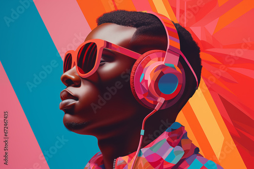 Generative AI depiction of man with colorful headphones and glasses photo
