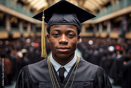 Generative AI illustration portrait of young African American man in black and yellow graduation gown with cap against blurred background of other graduate photo