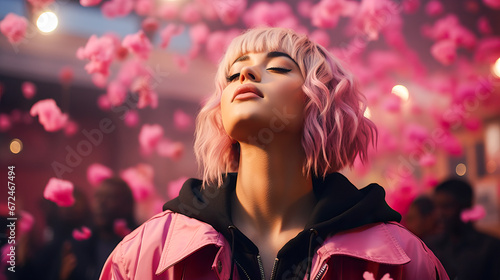 Generative AI image of a woman with pink hair under cherry blossoms trees, capturing the essence of mindfulness with her serene expression and with eyes closed photo