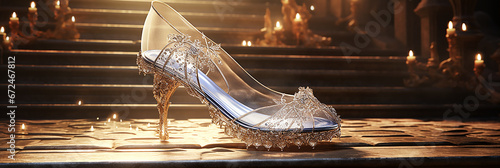 Image of one glass slipper in a castle. photo