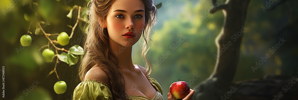 Beautiful woman with red apple, like in a fairy tale. - obrazy, fototapety, plakaty 