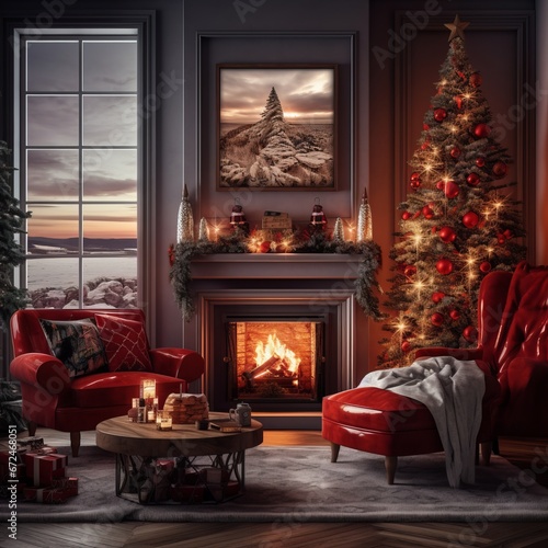 a living room with a christmas tree and a fireplace © Aliaksandr Siamko